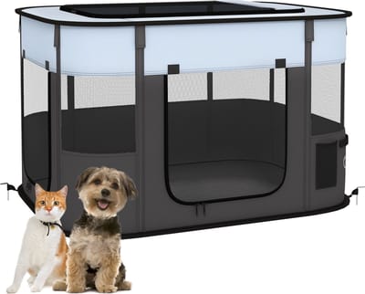 PawHut Welpenauslauf, Welpenlaufstall mit Türen, Fenster, faltbar Laufgitter, Atmungsaktiv Netz, für kleine Hunde unter 10 kg und Kleintiere, Indoor und Outdoor, 94 x 74 x 60 cm, Grau