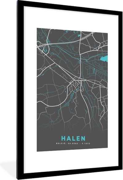 Fotolijst incl. Poster - Stadskaart – Grijs - Kaart – Halen – België – Plattegrond - 60x90 cm - Posterlijst