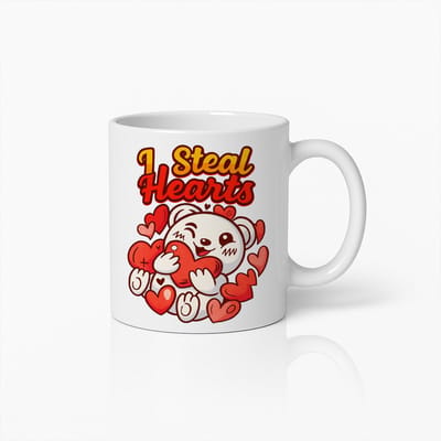 Witte Mok 330ml – “I Steal Hearts” Schattige Teddybeer Liefdesillustratie Koffiebeker