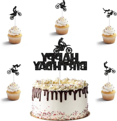 21pcs Motorcycle Cake Decoration Birthday Black Glitter Motocross Dirtbike Cupcake Topper Decoration for Boys Men - ShopVlot