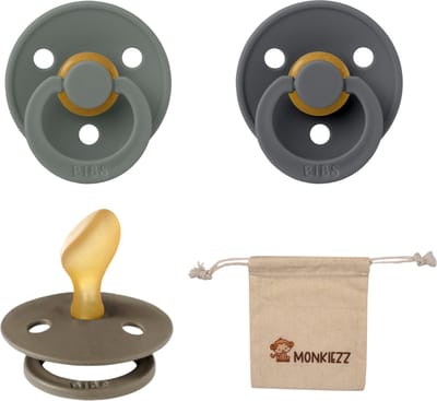 Bibs Dental fopspenen Anatomical 6-18 maanden- Set 3 stuks- Dark Oak, Iron, Pine + Monkiezz speenzakje - orthodontisch- Anatomisch- Maat 2