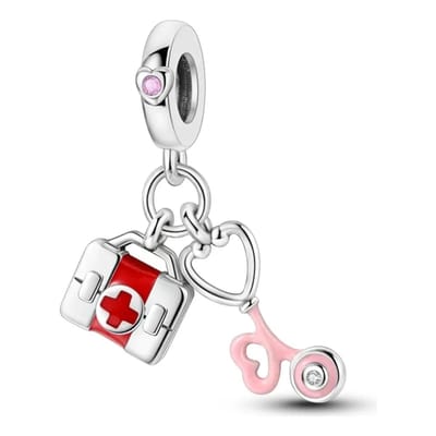 Fler® | Bedel | Past op populaire bedelarmbanden (standaard - 3mm) | EHBO Kit en Hart | Hangbedel Charm | 925 sterling zilver | Transparante & Roze zirkonia | Rode & Roze emaille | Valentijnsdag Cadeau | Sinterklaas kado | Kerstcadeau | Verjaardag