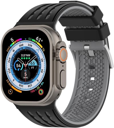Siliconen bandje - geschikt voor Apple Watch series 1/2/3/4/5/6/7/8/9/10/11/ SE (1,2,3) / Ultra (1,2,3) met maat 44 mm / 45 mm / 46 mm / 49 mm - rvs gespsluiting - zwart grijs
