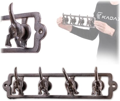 KADAX hondenhaakrek van gietijzer 35 x 9 cm, wandhaakrek met 4 haken voor hondenriemen, halsbanden en sleutels, wandhaakrek voor wandmontage (bruin)
