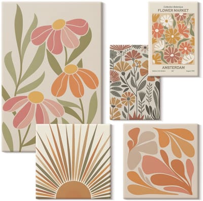 Wallfluent Set van canvas schilderijen - Boho-stijl bloemenmotieven en geometrische vormen Canvas Schilderijen Set - Set van 5 Canvas Schilderijen - Oranje Set van Canvas Prints - Natuur Canvas Kunst Set - Boheemse Canvas Kunst Set