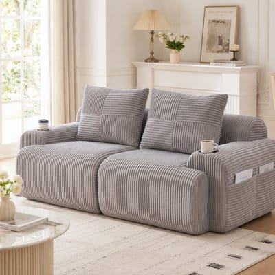 Modulaire corduroy bank 2-zits - Lichtgrijs - Incl. bekerhouder en opbergtas, modulair te combineren - Extra zacht kussen met hoogdicht schuim, slijtvaste stof - Geschikt voor woonkamer, appartement en lounge