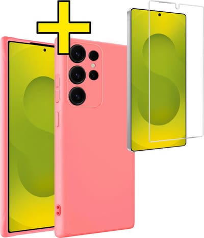 Hoesje - Met Screenprotector - Geschikt voor Samsung Galaxy S25 Ultra - Sterk & Shockproof - Back Cover - Siliconen Case - Telefoon Hoes - Telefoonhoesjes - Licht Roze