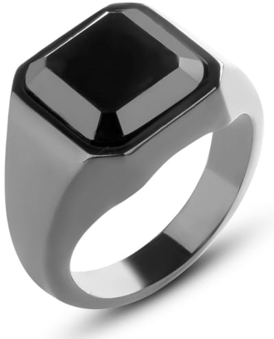 Zegelring Heren Zwart met Zwarte Steen - Staal - Papa Cadeau Voor Mannen - Vaderdag