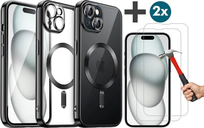 Hoesje met 2 Stuks Screenprotectors Geschikt voor iphone 15 Hoesje - Geschikt voor MagSafe - Arara siliconen Backcover - Zwart