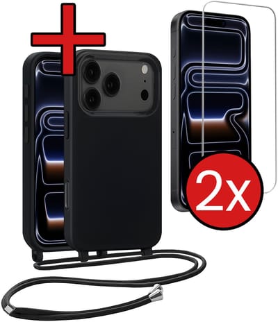 Hoesje Geschikt voor iPhone 17 Pro / 18 Pro Hoesje Siliconen Case Met Koord Met 2x Screenprotector - Hoes Geschikt voor iPhone 17 Pro / 18 Pro Hoesje Backcover Met Telefoonkoord - Zwart