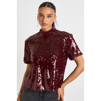 boohoo Dames Pailletten Schoudervulling Boxy T-shirt | Wijn | Maat: 34