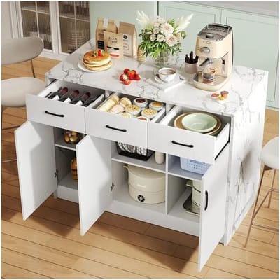 Merax Keukeneiland met 3 deuren en 3 laden - 112 x 60 x 90,5 cm - Marmerlook blad - MDF hout - Wit