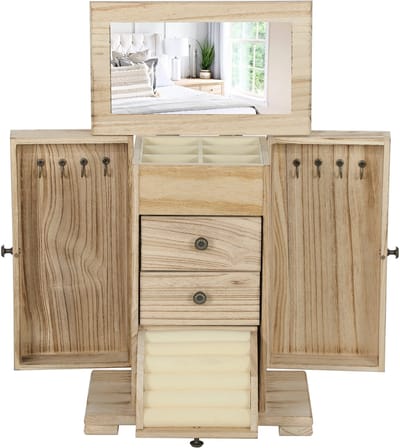 houten sieradenkistje en sieradendoos met 4 lagen spiegel bruin | Sieradenkast - laden - zijklepdeuren