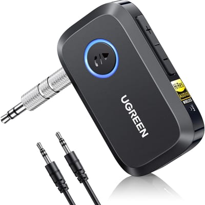 UGREEN Aux Bluetooth Ontvanger voor Audio Gouden Standaard 17 Uur Compatibel met Auto Stereo en Headset TELEC Gecertificeerd 6.0 Auto, LDAC/AAC/SBC