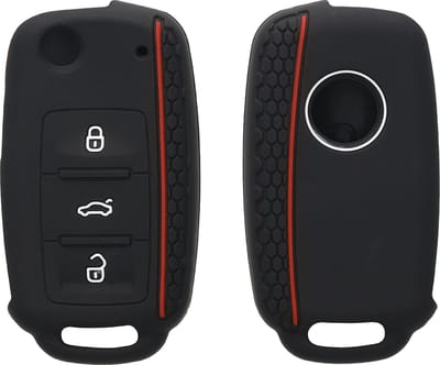 kwmobile autosleutel hoesje geschikt voor VW Skoda Seat 3-knops autosleutel hoes - Siliconen autosleutel behuizing - Auto sleutel case met honingraat - Sleuteletui in zwart / rood