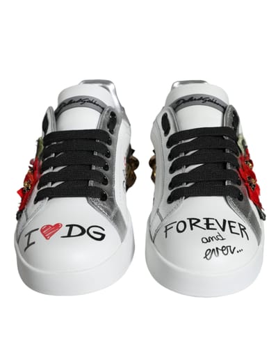 Dolce & Gabbana Witte Leren Bloemige Studded Sneakerschoenen