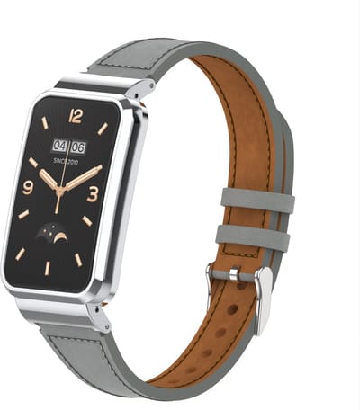 By Qubix - Classic leren bandje met case - Grijs - Geschikt voor Xiaomi Smart Band 7 Pro / Mi Band 7 Pro bandje