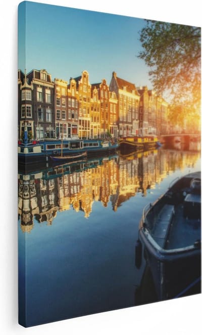 Artaza Canvas Schilderij Grachtenpanden - 30x40 cm - Klein - Wanddecoratie Amsterdam - Muurdecoratie Boot - Kamer Accessoires