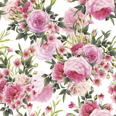 40 Servetten - Tros Roos - Bloem - Blad - Licht Roze - Roze - Zalm Roze - Wit - Groen - 33 x 33 cm - 3-Laags - Daisy