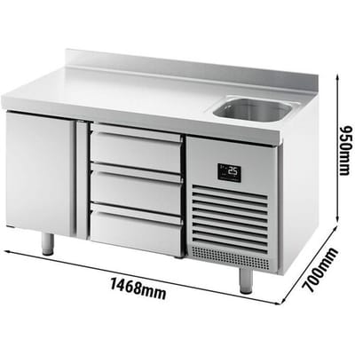 GGM Gastro Kühltisch Premium PLUS - 1468x700mm - mit 1 Becken, 1 Tür, 3 Schubladen - Aufkantung