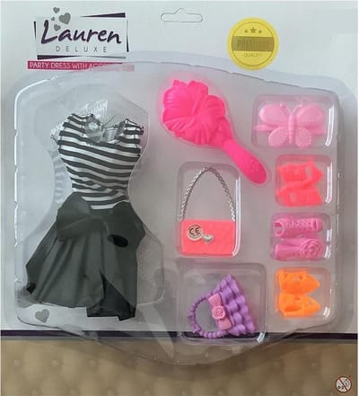Tienerpop Kleding Outfit Jurk + Accessoires Zwart - Handtas - Schoenen - Hakken
