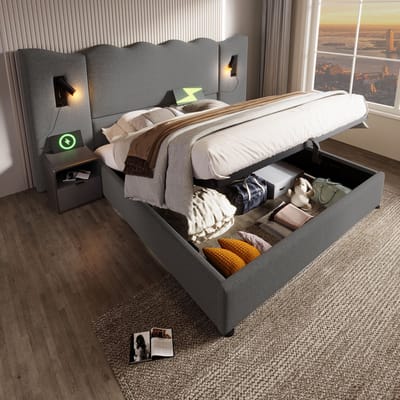 Gestoffeerd tweepersoonsbed 180×200 cm - leeslamp en USB Type-C oplaadfunctie, opbergbed, bedframe met lattenbodem van massief hout en metaal, grijs, linnen (exclusief matras)