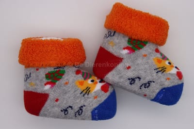 Meia Mania Babysokjes met Kat – Grijs, Blauw & Rood met Oranje Rand - One Size