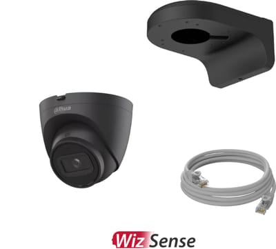 Dahua Camera set zwart bestaande uit: Dahua 4MP IPC-HDW2441T-S WizSense camera - Dahua camera muursteun - Netwerkkabel Cat5e 5 meter.
