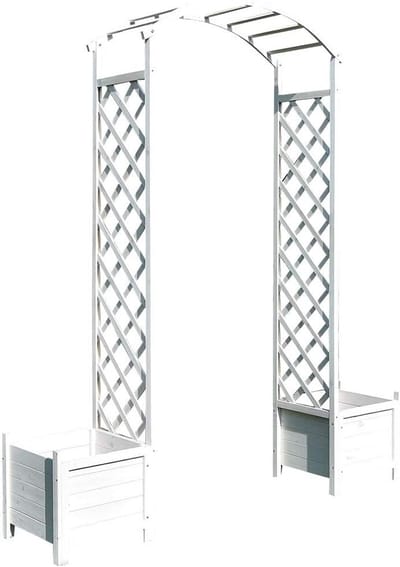 Houten Rozenboog - Klimplant Steun - Tuin Decoratie - Met Bloembakken - 208 cm Hoog - Wit
