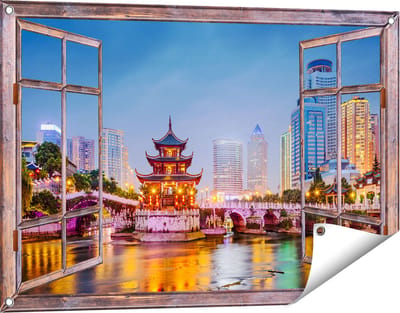 Gards Tuinposter Doorkijk Rivier bij Stad Guiyang in China - 90x60 cm - Tuindoek - Tuindecoratie - Wanddecoratie buiten - Tuinschilderij