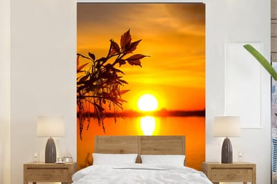 Behang - Fotobehang Zonsondergang - Water - Planten - Oranje - Breedte 160 cm x hoogte 240 cm