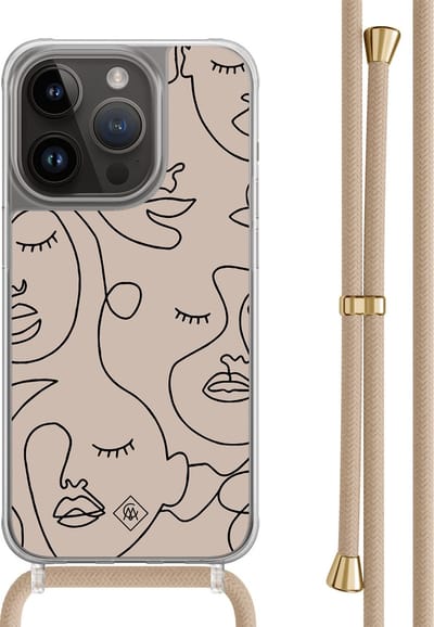Casimoda® hoesje met beige koord - Geschikt voor iPhone 14 Pro - Abstract Faces - Afneembaar koord - TPU/polycarbonaat - Bruin/beige