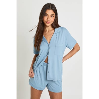 boohoo Dames Zachte Korte Mouw Shirt & Shorts Pyjama Set | Stoffig Blauw | Maat: 36