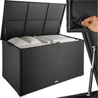 tectake® Aluminium wicker opbergbox - Outdoor kussenbox - Uitneembare binnenzak - Weerbestendig en afsluitbaar met deksel - Inclusief 2 handgrepen, deksel en gasveren - UV bestendig - Inhoud 750 l - Afmeting (LxBxH) 145 x 82,5 x 79,5 cm - Zwart