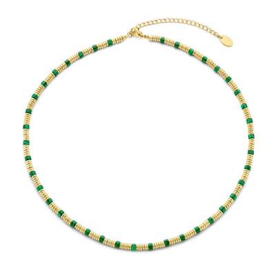 CO88 Collection 8CN-26231 Stalen Ketting - Dames - Groen Malachiet - Kralen - 4 x 2 mm - 38 + 7 cm - Goudkleurig