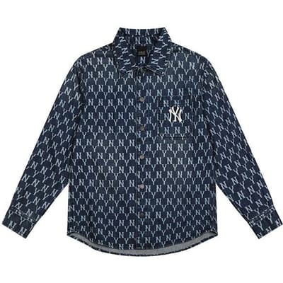 MLB New York Yankees Bloemrijke Serie All Over Print Denim Lange Mouwen Shirt Unisex shirts Blauw 31WSN3041-50U XS black