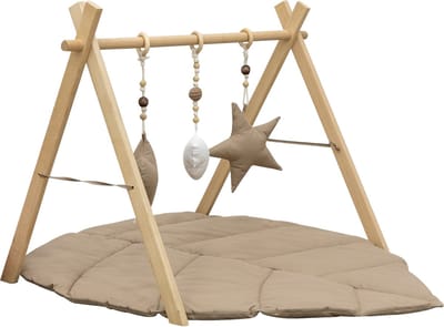 MorDesign Babygym en speelkleed Leaf Wood Sand - Houten gym met speeltjes
