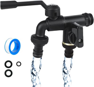 Dubbele Tuinslangkraan voor Buiten, RVS Messing Waterafvoer met 1/2 Inlaat en 2 X 3/4 Inch Aansluitingen, Ideaal voor Tuin en Huishouden