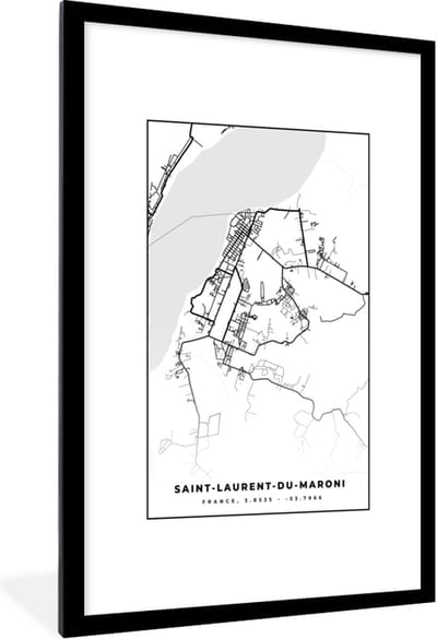 Fotolijst incl. Poster Zwart Wit- Stadskaart - Frankrijk - Kaart - Saint-Laurent-du-Maroni - Plattegrond - Zwart wit - 80x120 cm - Posterlijst