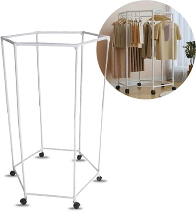 Kledingrek op Wielen - Stevig Metalen Rek – 120cm Hoog – Wit – 360° Draaibaar Kledingrek voor Winkel of Thuis – Hexagonaal Kapstok met 6 Zijdes