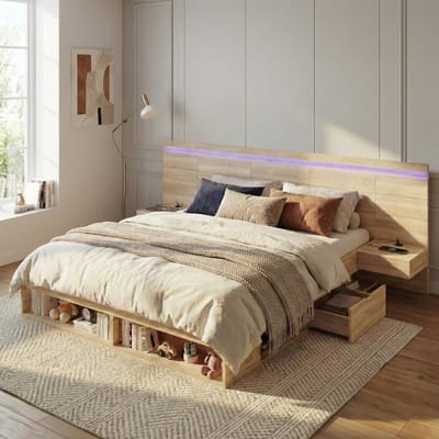 Sweiko Tweepersoonsbed - 180 × 200 cm - 2 nachtkastjes - Met lades - Opbergruimte - USB/Type-C - LED-verlichting - Naturel