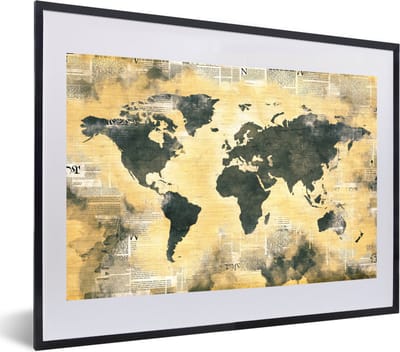 Poster in lijst - Fotolijst 60x40 cm - Posters - Wereldkaart - Gouden - Kranten - Posterlijst zwart - Decoratie - Wanddecoratie woonkamer - Muurdecoratie slaapkamer