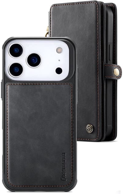 CaseMania Bookcase hoesje geschikt voor iPhone 17 Pro - Effen Zwart - Kunstleer - XXL Bergruimte - Portemonnee met 10 Vakjes voor Pasjes