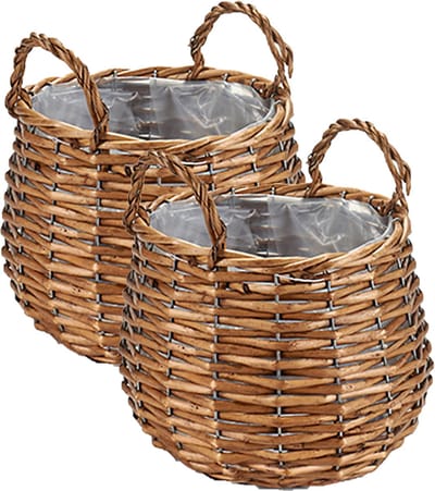 Set van 2x stuks plantenbak manden gevlochten riet met binnenmand 23 x 23 x 15 cm - Voor binnen/buiten