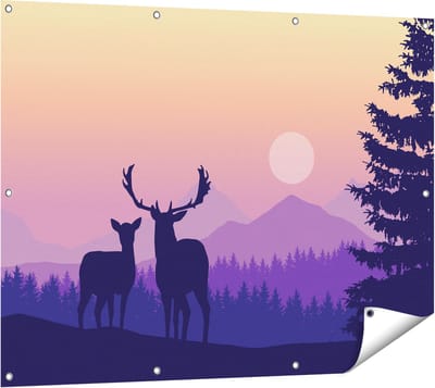Gards Tuinposter Twee Herten - Zonsondergang - Silhouet - 120x90 cm - Tuindoek - Tuindecoratie - Wanddecoratie buiten - Tuinschilderij