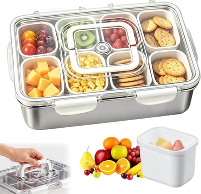 Snackbox met 8 vakken, roestvrijstalen snackbox vaatwasbestendig, snackbord met handgreep, snackboxen met deksel, snackopslagbox gemakkelijk schoon te maken voor keukenopslag (33,6*23,9*8,4 CM)