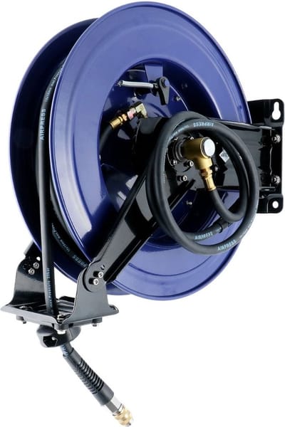 Luchtslanghaspel rubber | Binnen Ø 10 / Buiten Ø 16 mm | 3/8 buitendraad | 20 meter | 20 bar | Wandmodel | Zelfoprollend | Draaibaar | Met accessoires