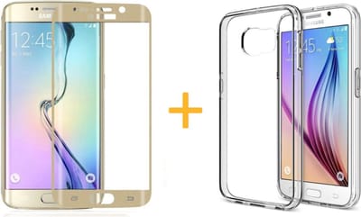 Hoesje geschikt voor Samsung Galaxy S6 Edge - Siliconen Transparant TPU Gel Case Cover + Met Tempered Glass Screenprotector Goud / Gold 3D 9H (Gehard Glas) - 360 graden protectie