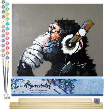 Figured'Art Schilderen op Nummer Volwassenen canvas Aap met koptelefoon op - Handwerk acrylverf Kit DIY Compleet - 40x50cm met DIY houten lijst