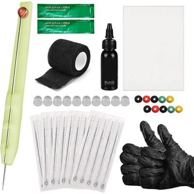 ATOMUS Kit de Tatouage à Main DIY Fournitures de Tatouage Encre Gants Boîte à Encre Ensemble d'Aiguilles de Tatouage 1RL 3RL 5RL 7RL 9RL Peau d'Entraînement jaune